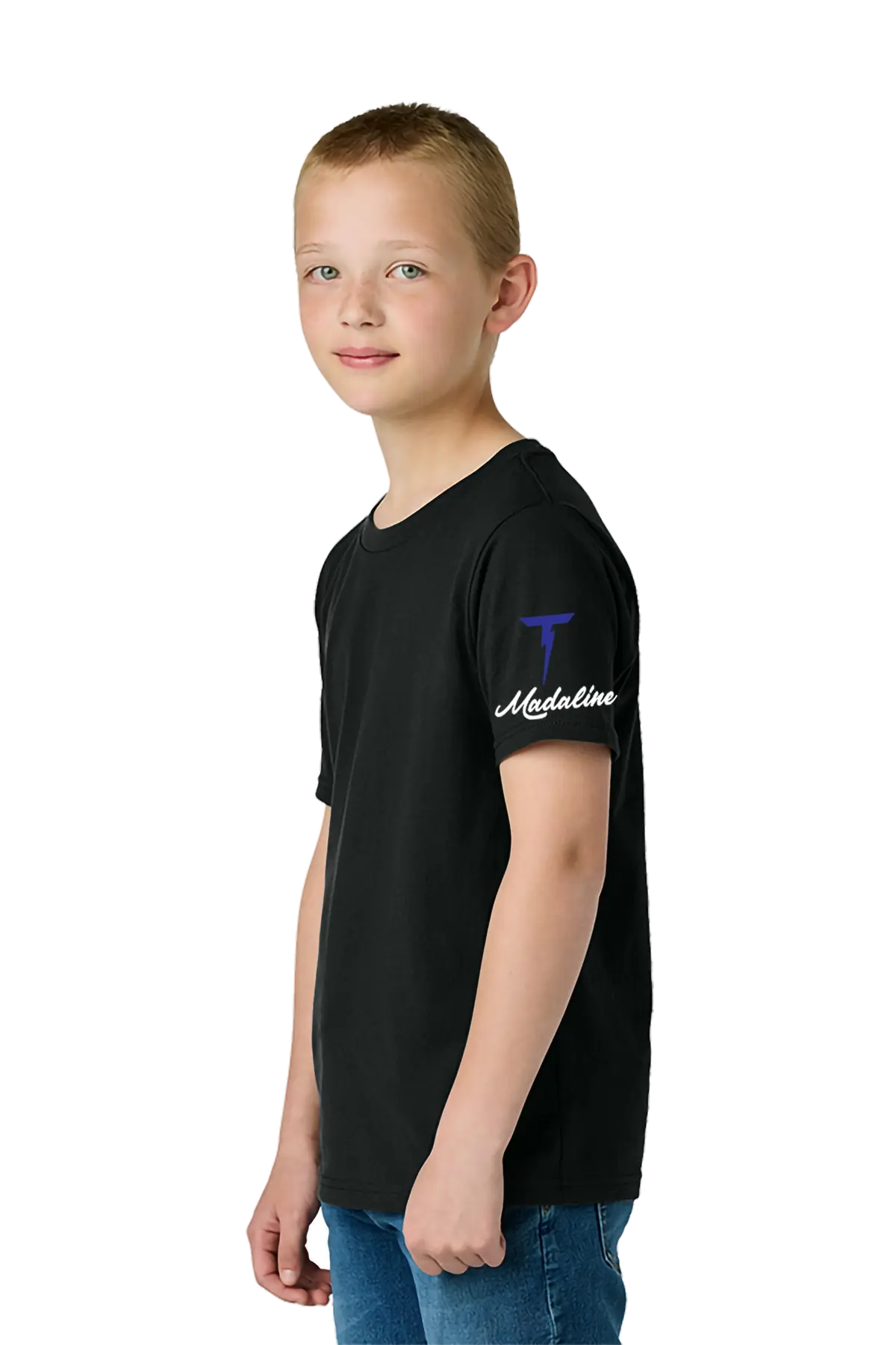 Young boy wearing a black t-shirt with branding on a white background. Paper Street Print Co, Blairstown, NJ.