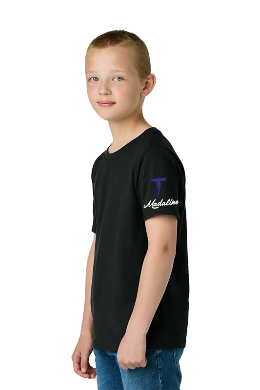 Young boy wearing a black t-shirt with branding on a white background. Paper Street Print Co, Blairstown, NJ.