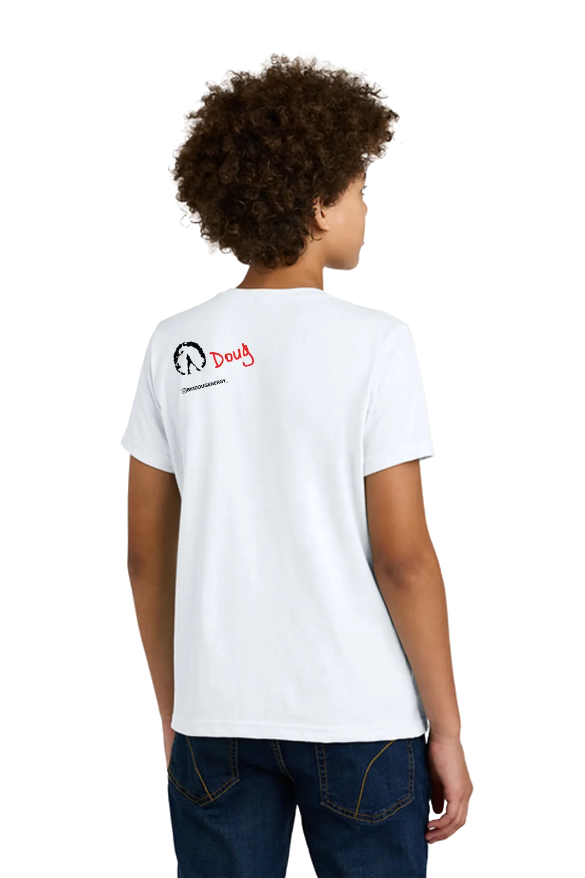 Person wearing a white t-shirt with a logo on the back, standing against a white background. Paper Street Print Co, Blairstown, NJ.