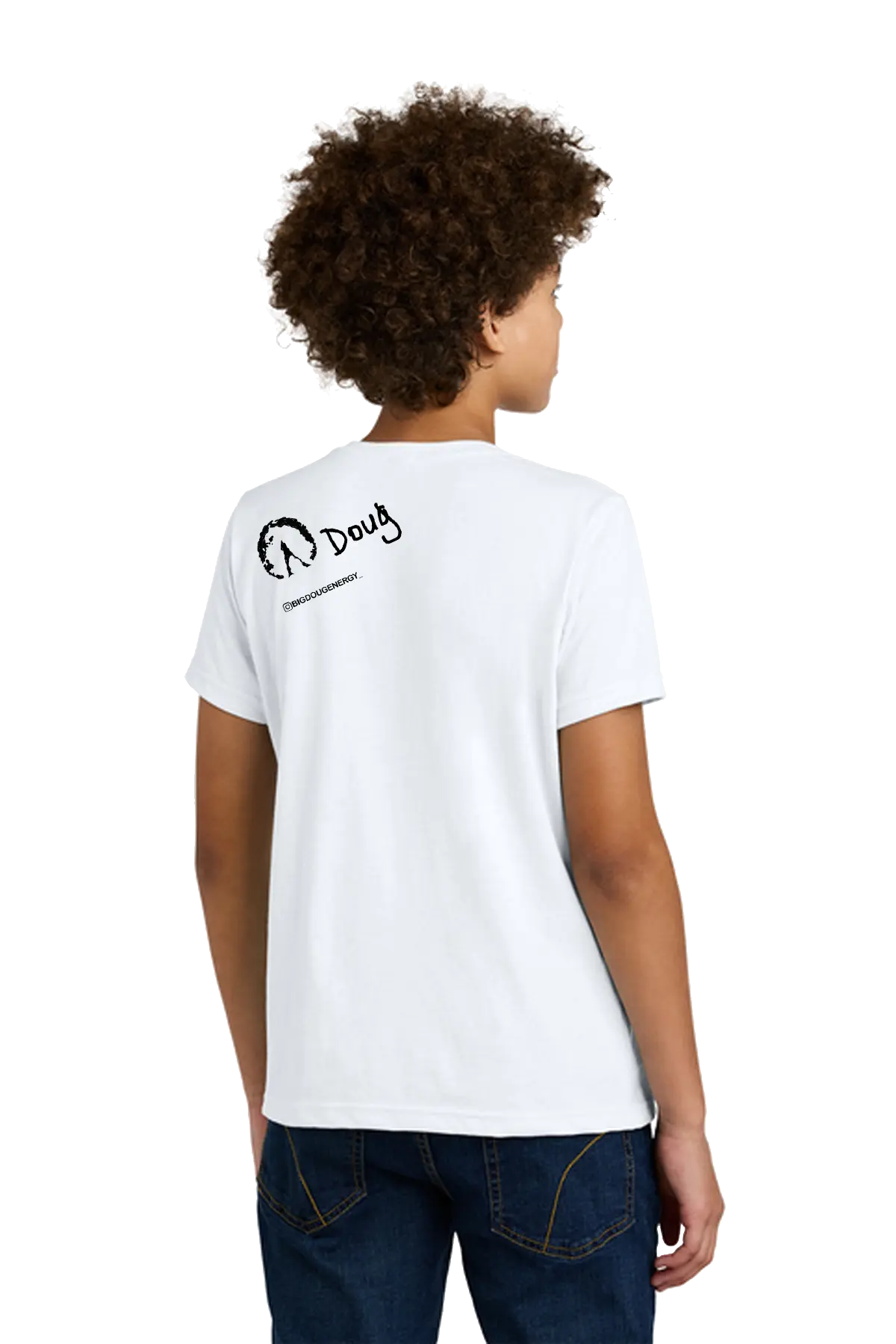 Person wearing a white t-shirt with a logo on the back, standing against a white background. BigDougEnergy Paper Street Print Co, Blairstown, NJ.