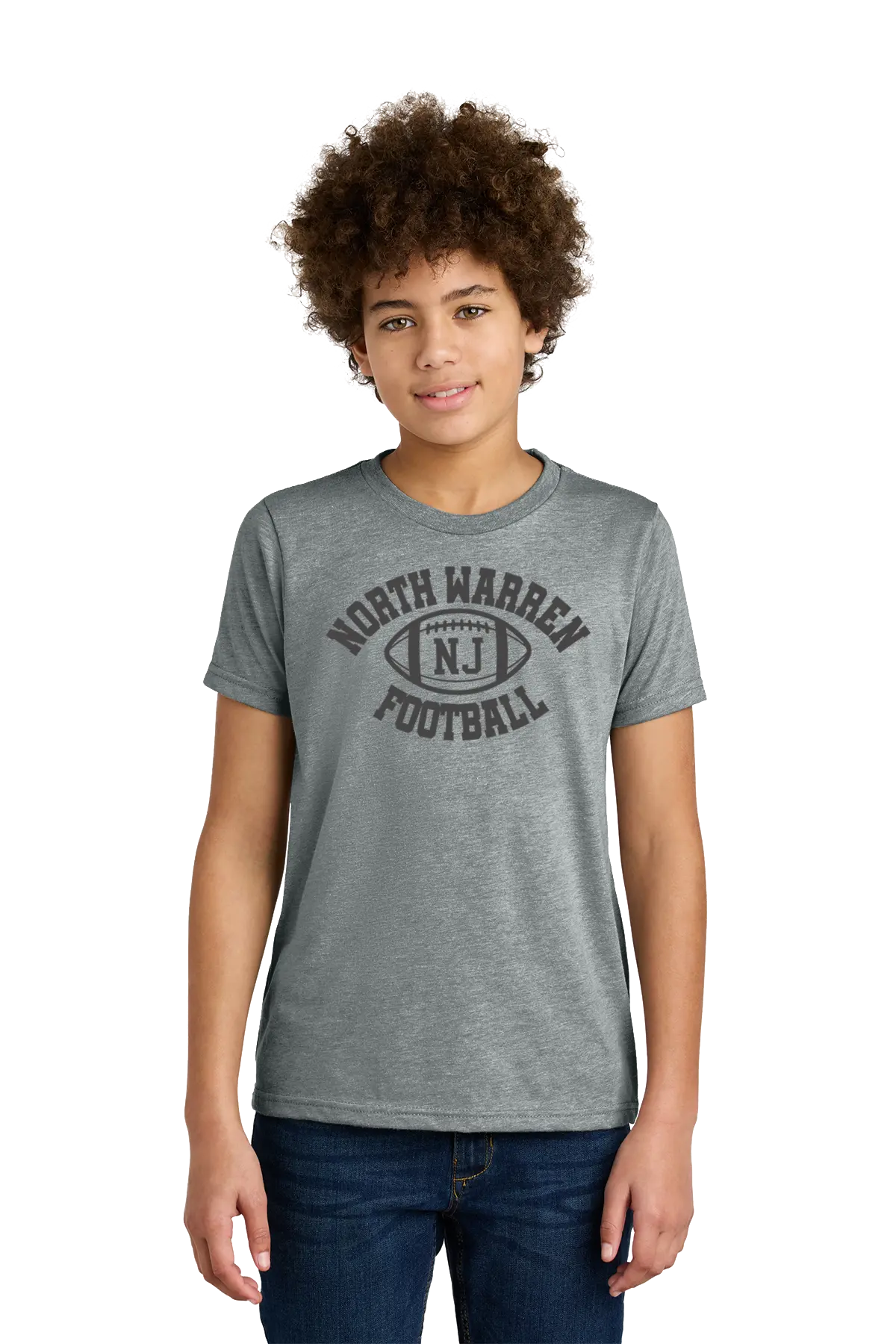 Person wearing a gray t-shirt with 'North Warren Football' text on a white background. Paper Street Print Co, Blairstown, NJ.