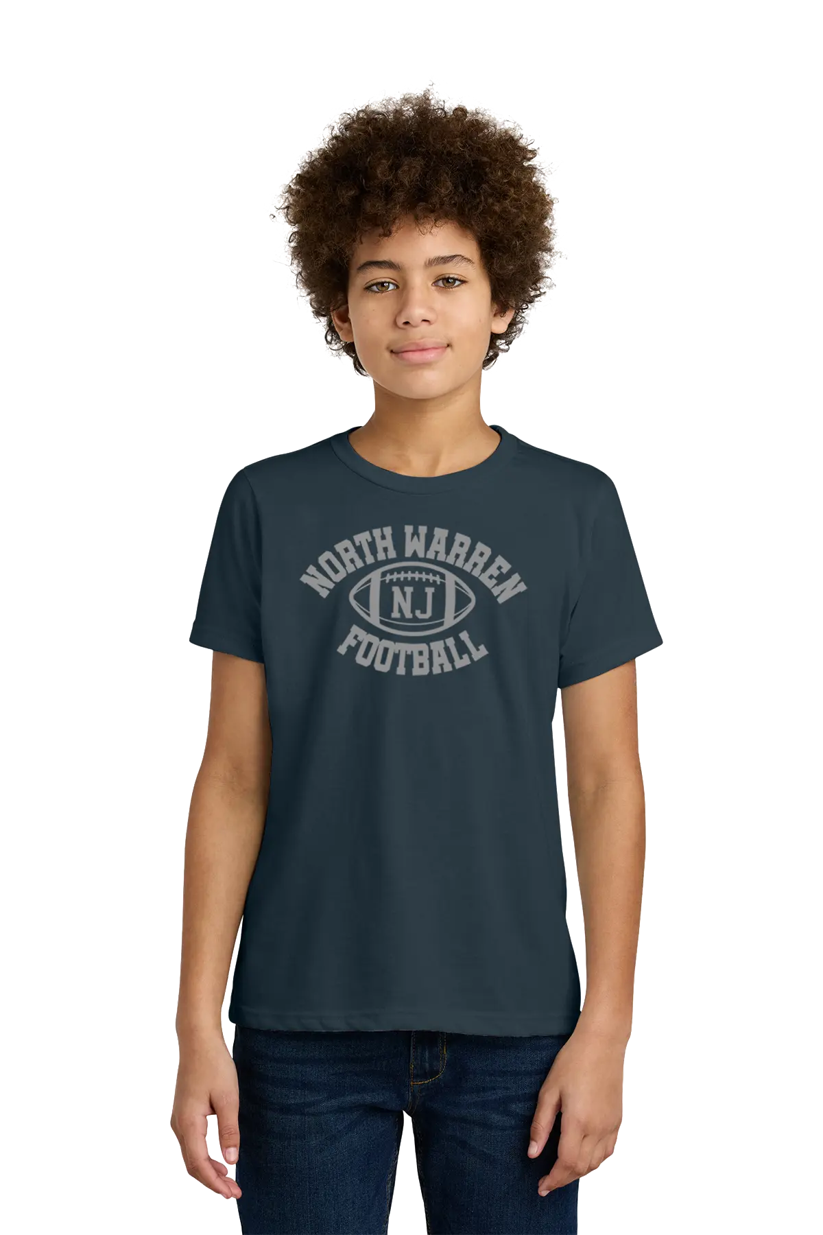 Person wearing a navy blue t-shirt with 'North Warren N.J. Football' text on a white background. Paper Street Print Co, Blairstown, NJ.