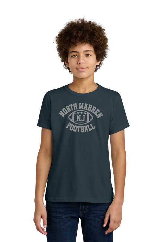 Person wearing a navy blue t-shirt with 'North Warren N.J. Football' text on a white background. Paper Street Print Co, Blairstown, NJ.