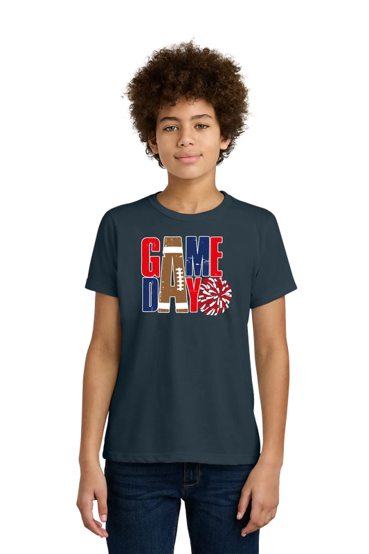 Child wearing a navy blue t-shirt with 'GAMEDAY' print on a white background. Paper Street Print Co, Blairstown, NJ.