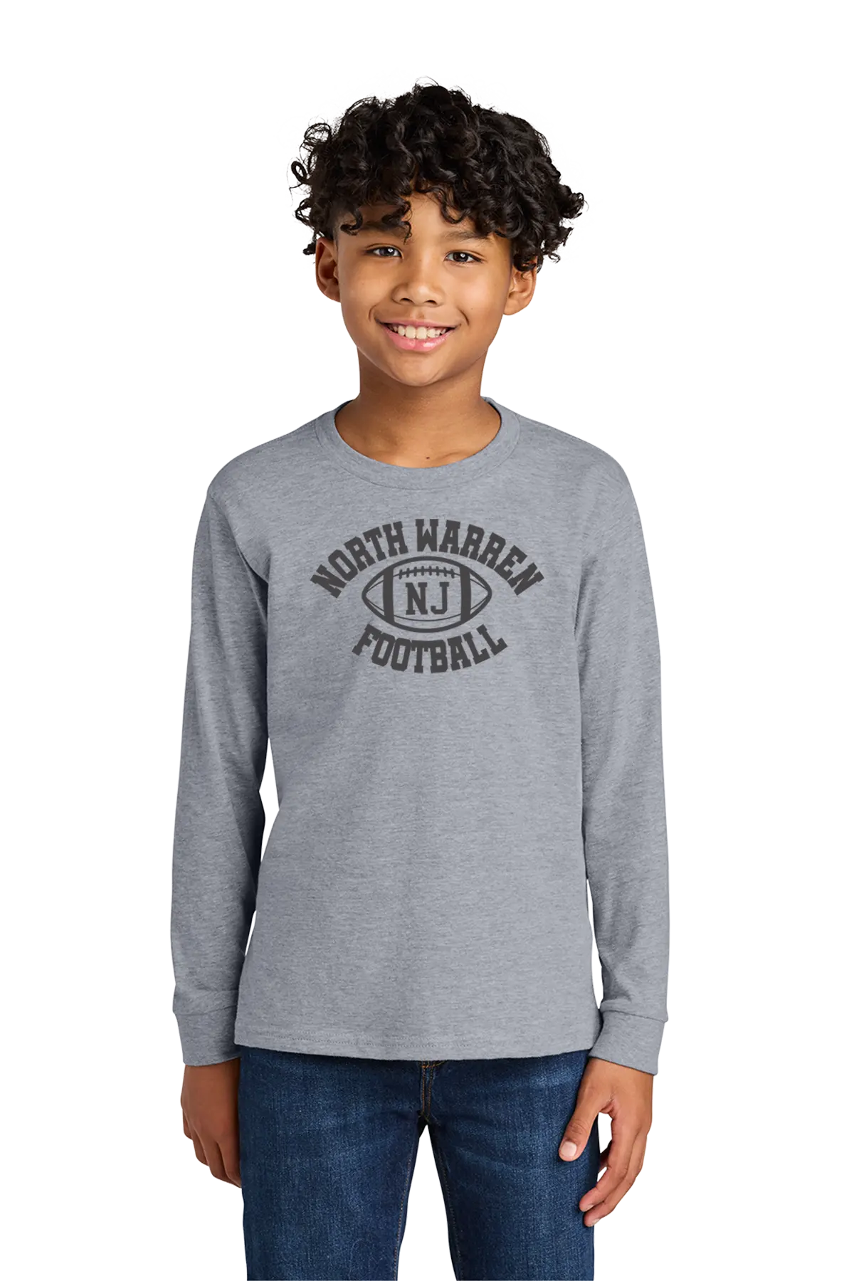 Child wearing a gray long-sleeve shirt with 'North Warren NJ Football' text on a white background. Paper Street Print Co, Blairstown, NJ.
