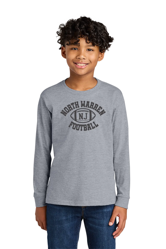 Child wearing a gray long-sleeve shirt with 'North Warren NJ Football' text on a white background. Paper Street Print Co, Blairstown, NJ.