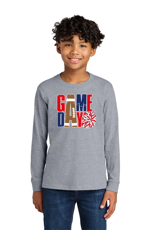Child wearing a gray long-sleeve shirt with 'GAME DAY' print on a white background. Paper Street Print Co, Blairstown, NJ.
