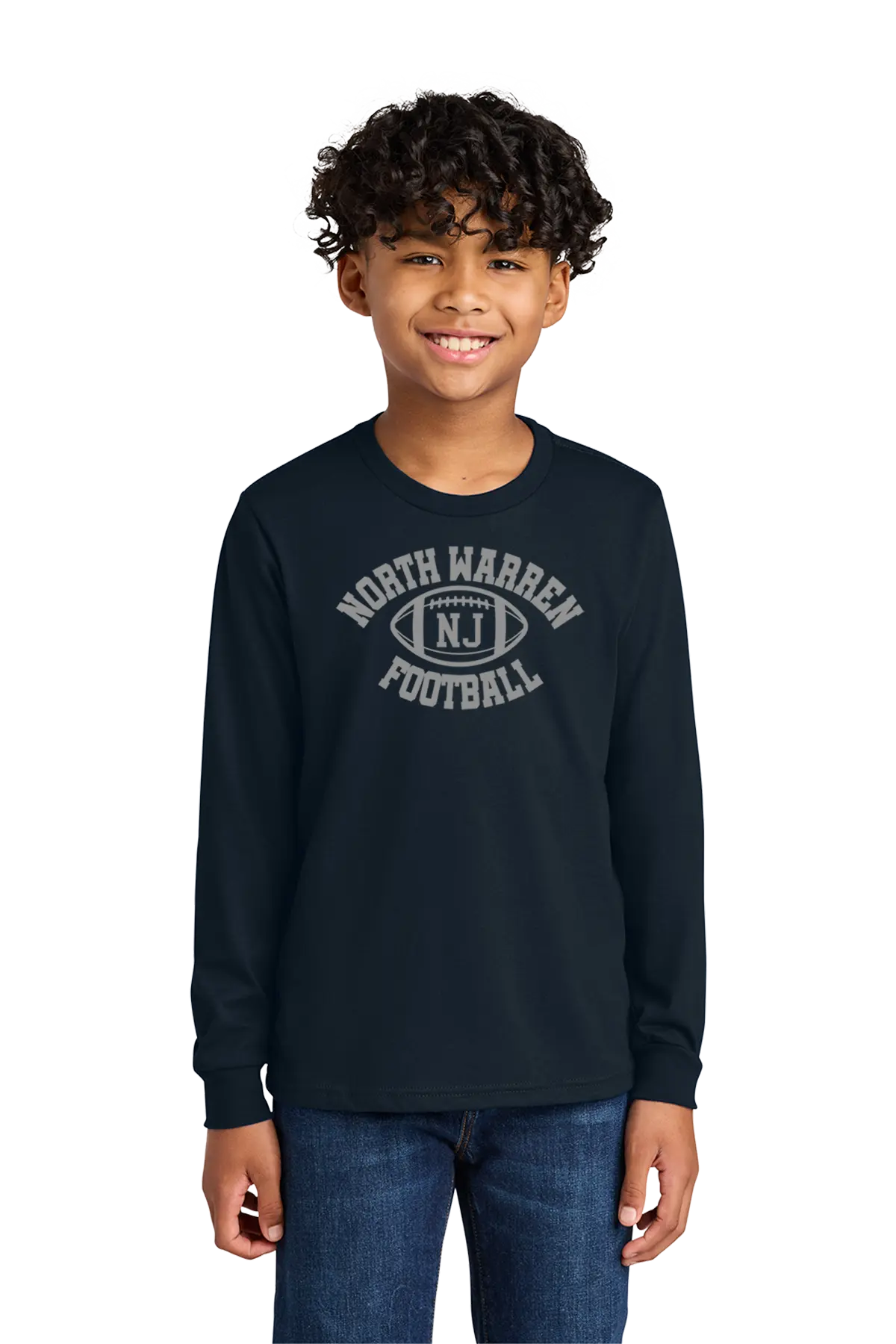 Child wearing a navy long-sleeve shirt with 'North Warren Football' text on a white background. Paper Street Print Co, Blairstown, NJ.