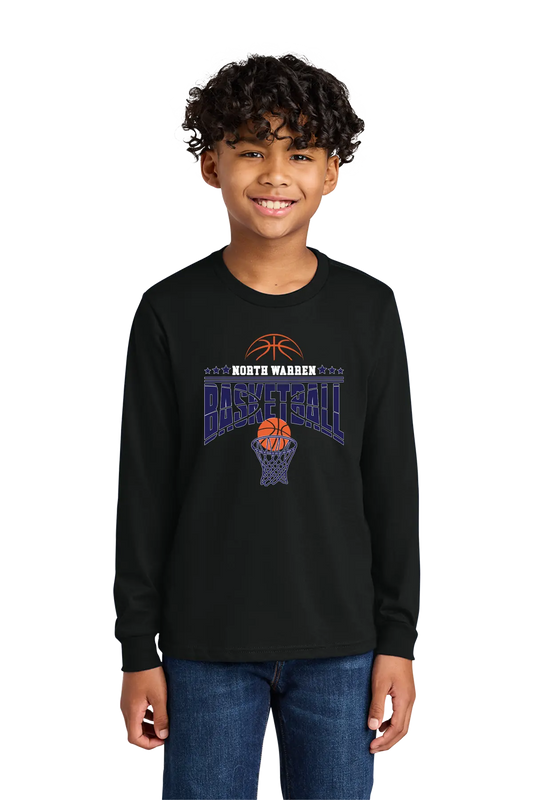 Child wearing a black long-sleeve shirt with a basketball design on a white background. Paper Street Print Co, Blairstown, NJ.