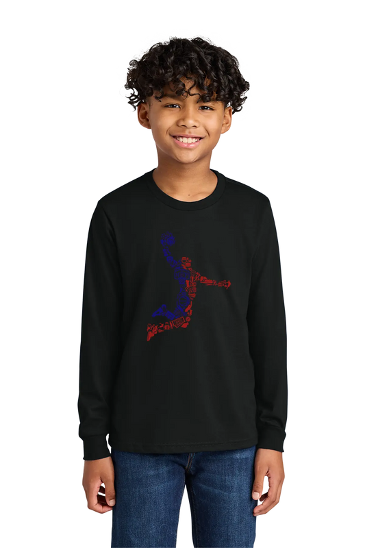 Child wearing a black long-sleeve shirt with a colorful design on a white background. Paper Street Print Co, Blairstown, NJ.
