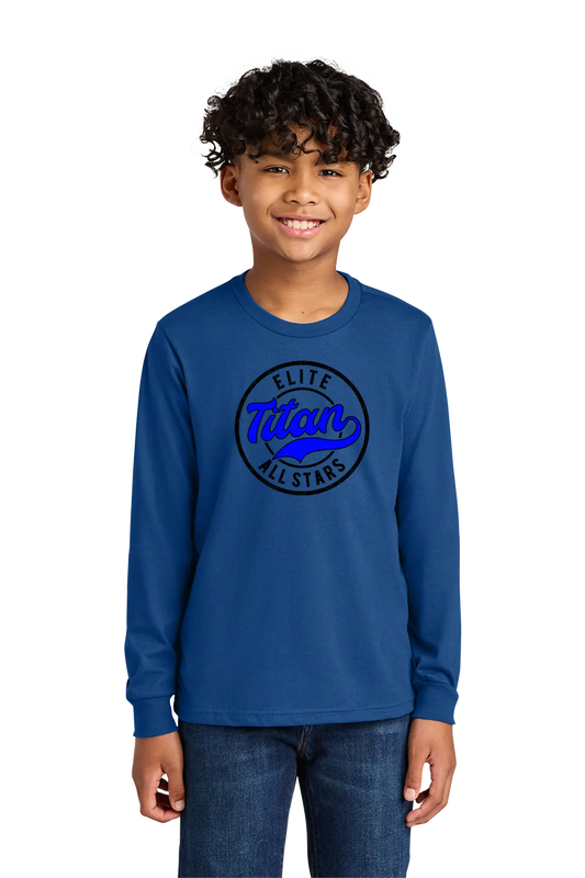 Child wearing a blue long-sleeve shirt with 'Elite Titan All Stars' logo on a white background. Paper Street Print Co, Blairstown, NJ.