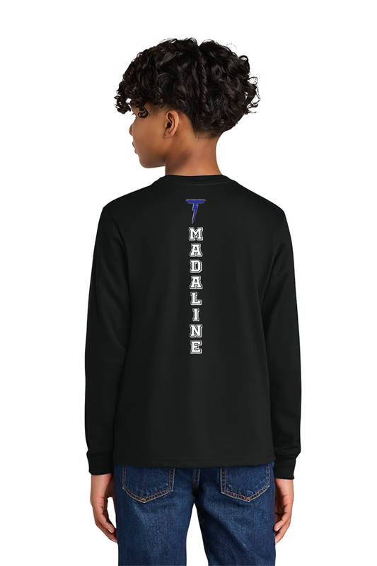 Person wearing a black long-sleeve shirt with 'Madaline' printed on the back, standing against a white background. Paper Street Print Co, Blairstown, NJ.