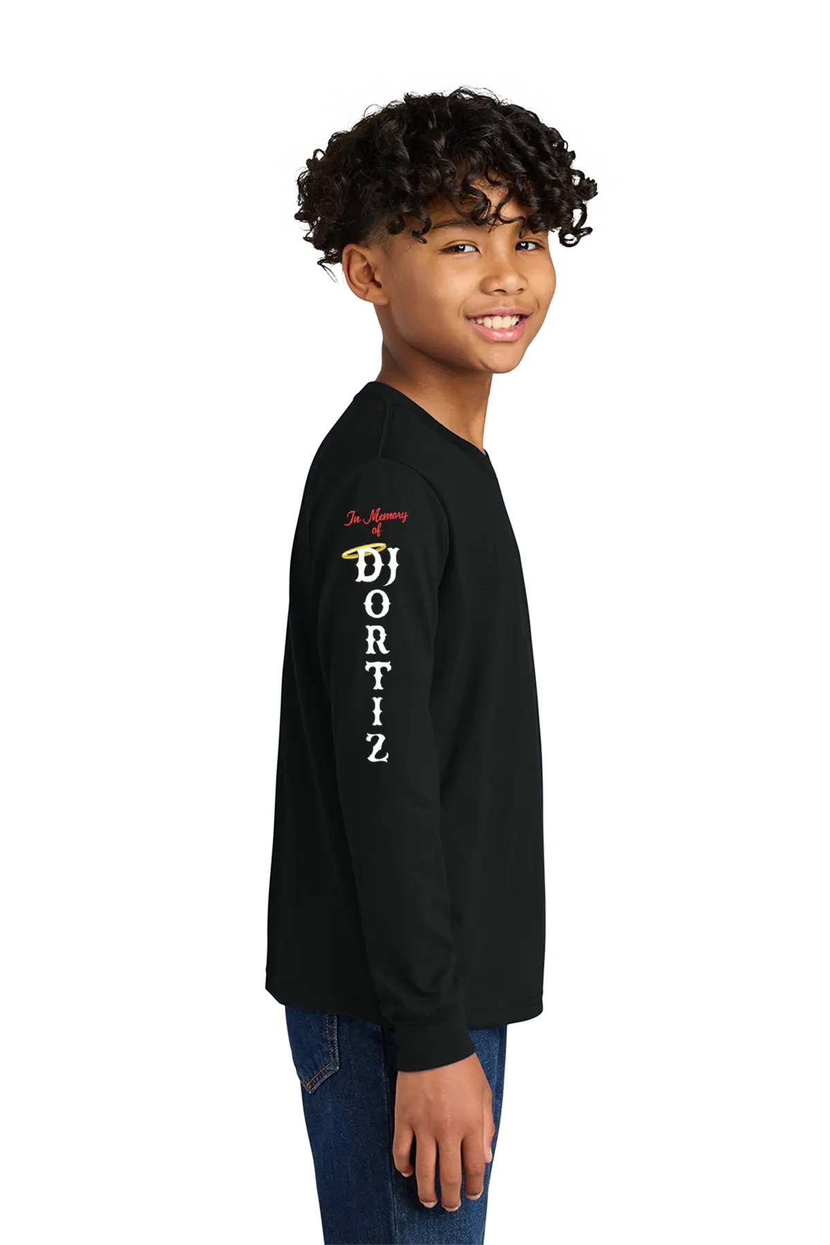 Child wearing a black long-sleeve shirt with a logo on a white background. #JUSTICEFORDJ - Paper Street Print Co, Blairstown, NJ.