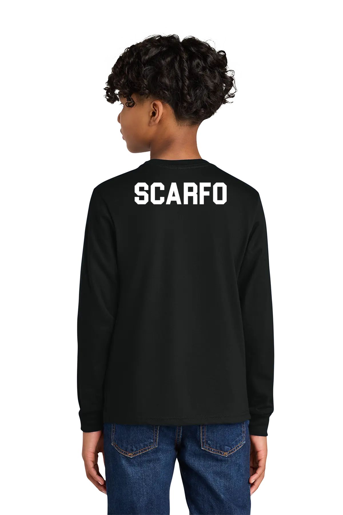 Person wearing a black long-sleeve shirt with 'SCARFO' printed on the back, standing against a white background. Paper Street Print Co, Blairstown, NJ.