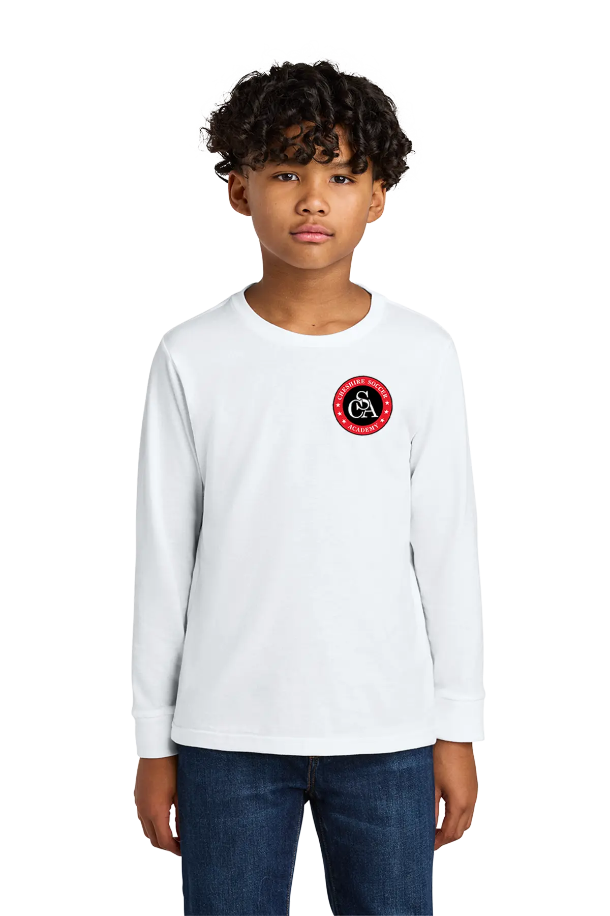 Child wearing a white long-sleeve shirt with a red and black logo on a white background. Paper Street Print Co, Blairstown, NJ.