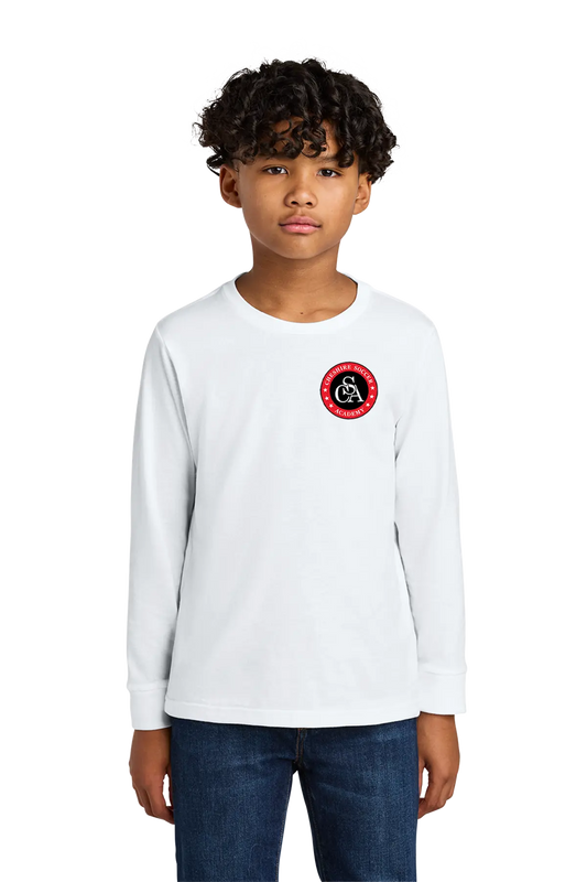 Child wearing a white long-sleeve shirt with a red and black logo on a white background. Paper Street Print Co, Blairstown, NJ.