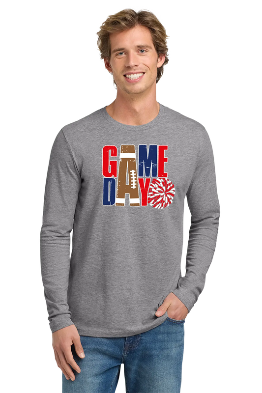 Man wearing a gray long-sleeve shirt with 'GAMEDAY' print on a white background. Paper Street Print Co, Blairstown, NJ.