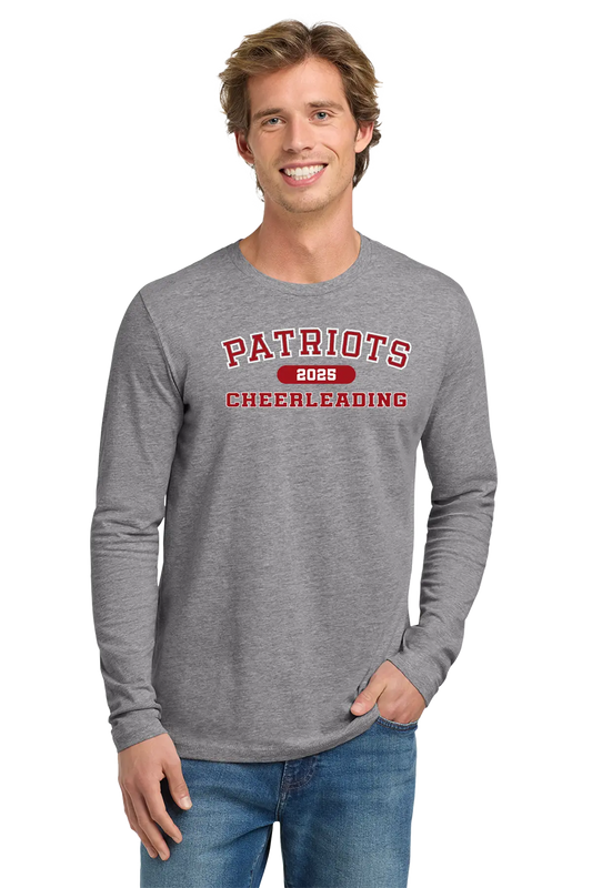 Man wearing a gray long-sleeve shirt with 'Patriots 2023 Cheerleading' text on a white background. Paper Street Print Co, Blairstown, NJ.