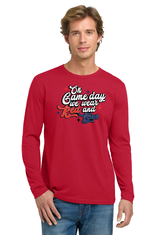Man wearing a red long-sleeve shirt with text on a white background. Paper Street Print Co, Blairstown, NJ.