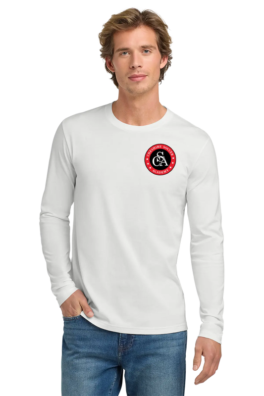 Man wearing a white long-sleeve shirt with a red and black logo on a white background. Paper Street Print Co, Blairstown, NJ.