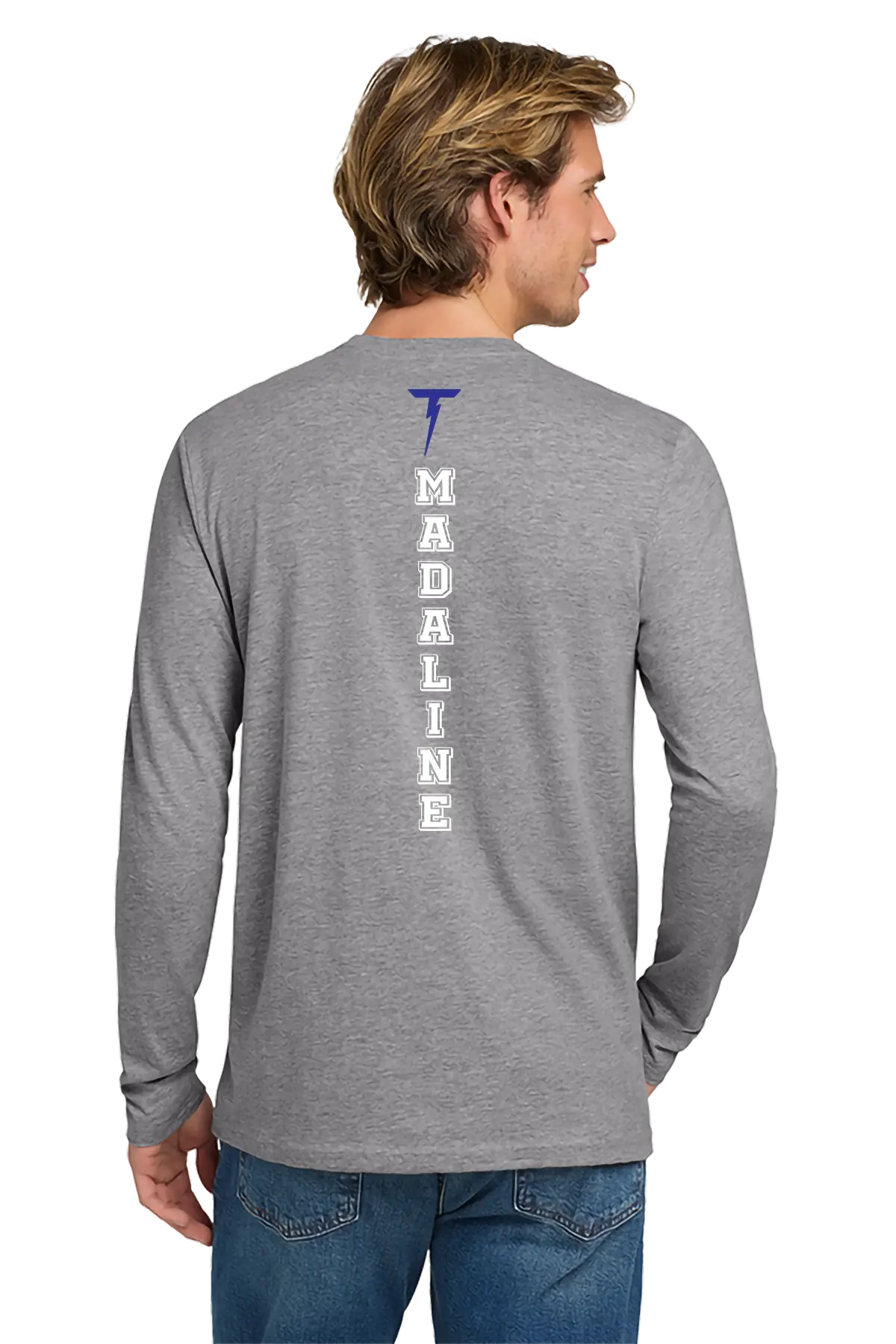 Man wearing a gray long-sleeve shirt with 'Madaline' branding on the back, standing against a white background. Paper Street Print Co, Blairstown, NJ.