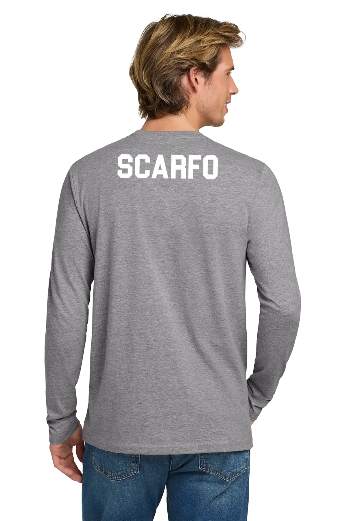Man wearing a gray long-sleeve shirt with 'SCARFO' printed on the back against a white background. Paper Street Print Co, Blairstown, NJ.