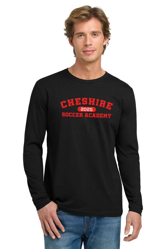 Man wearing a black long-sleeve shirt with 'Cheshire Soccer Academy' text on a white background. Paper Street Print Co, Blairstown, NJ.