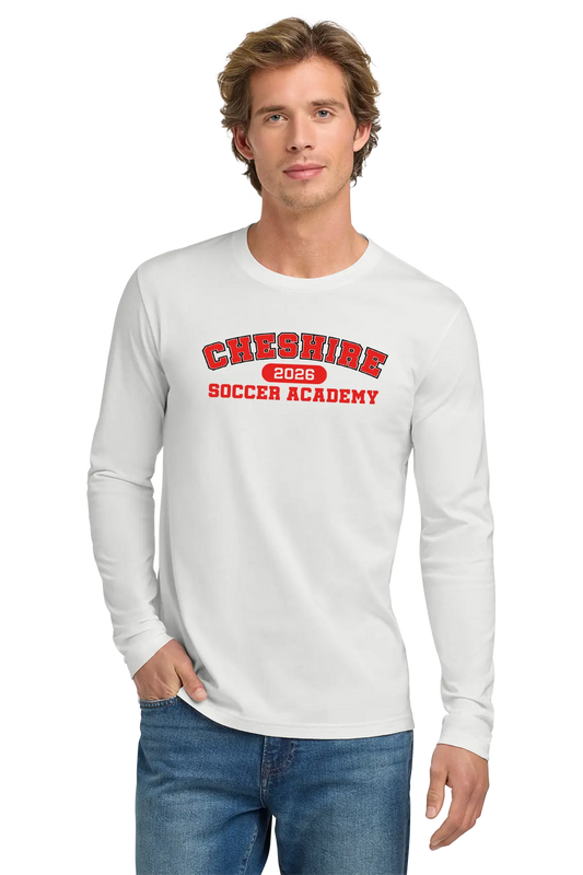Man wearing a white long-sleeve shirt with red text 'Cheshire 2023 Soccer Academy' on a white background. Paper Street Print Co, Blairstown, NJ.