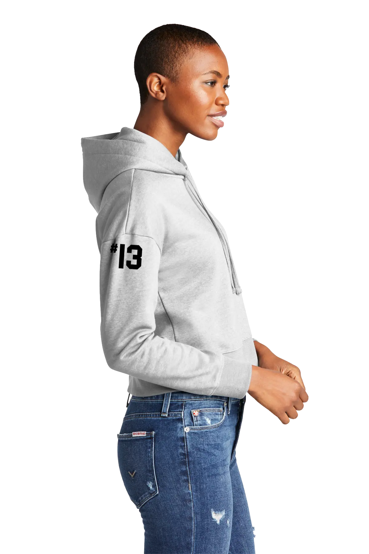 Person wearing a gray hoodie with '13' printed on it, standing against a white background. Paper Street Print Co, Blairstown, NJ.