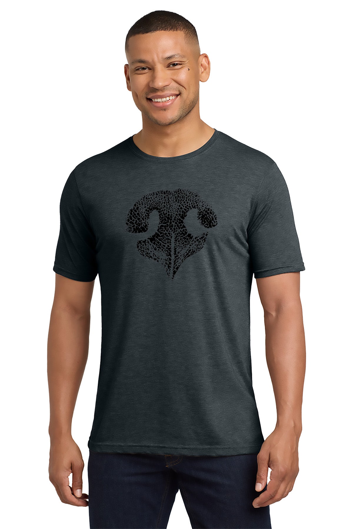Man wearing a dark gray t-shirt with a black graphic design on a white background - Paper Street Print Co, Blairstown, NJ