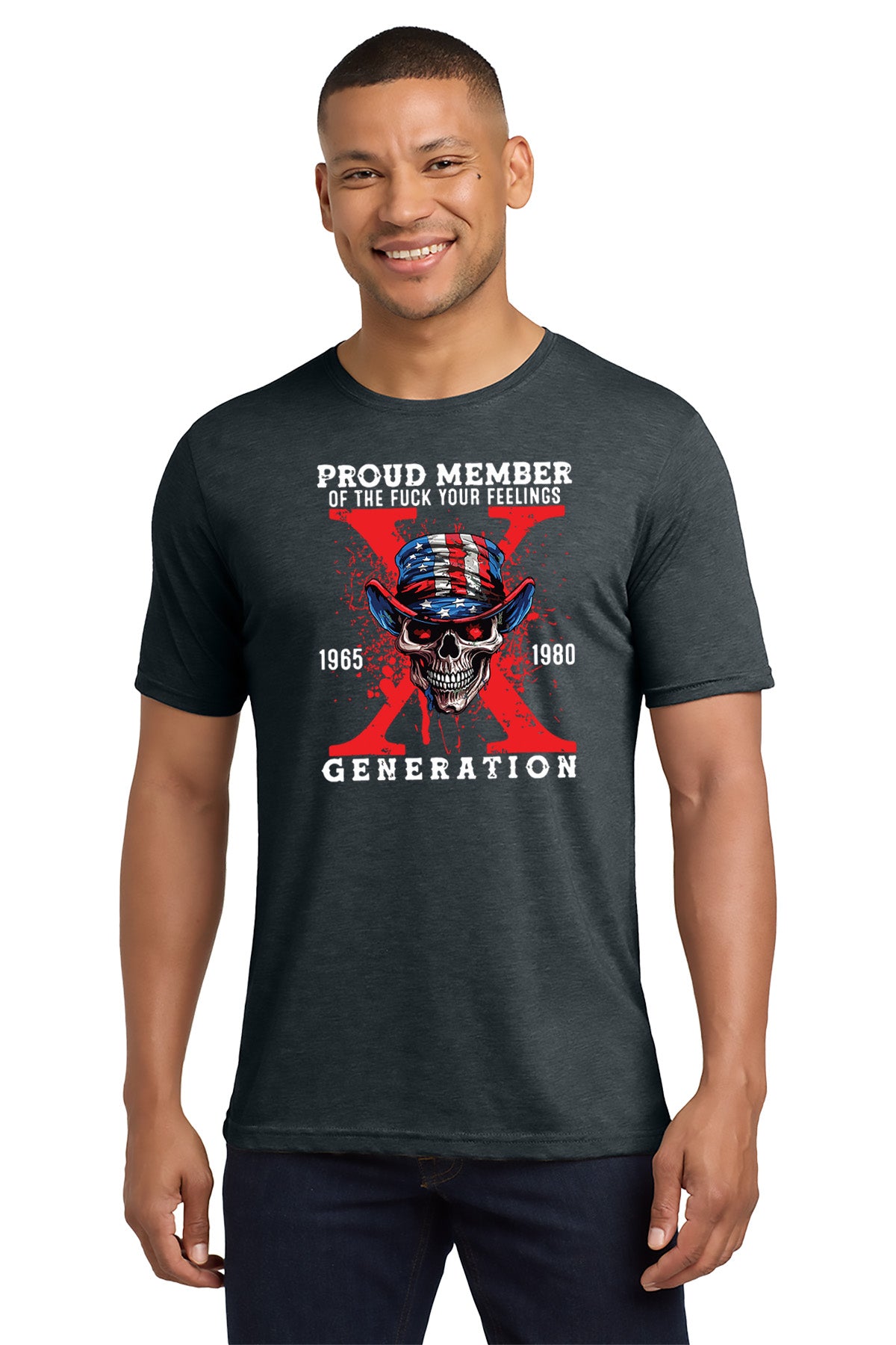 Man wearing a dark gray t-shirt with graphic design and text on a white background - Paper Street Print Co, Blairstown, NJ.