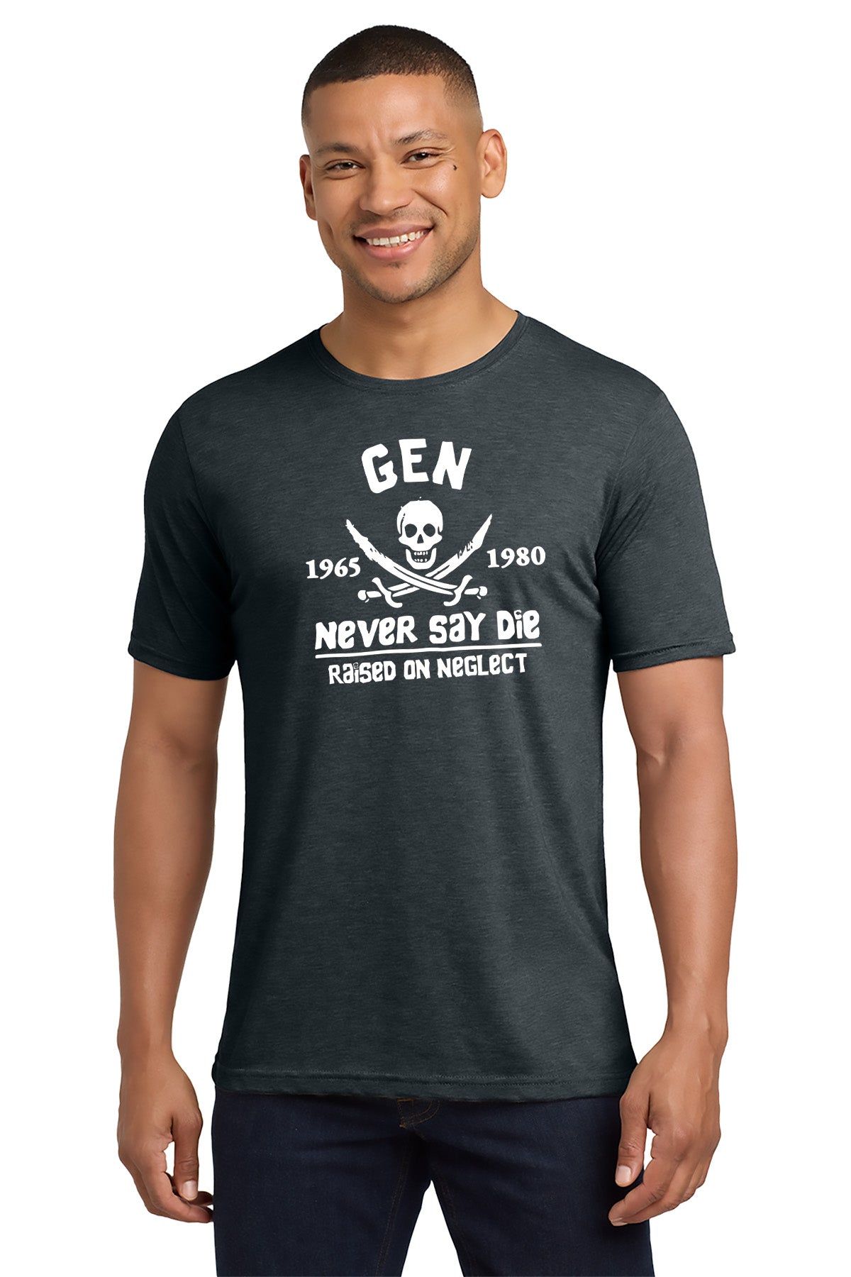 Man wearing a dark gray t-shirt with a graphic design and text on a white background - Paper Street Print Co, Blairstown, NJ.