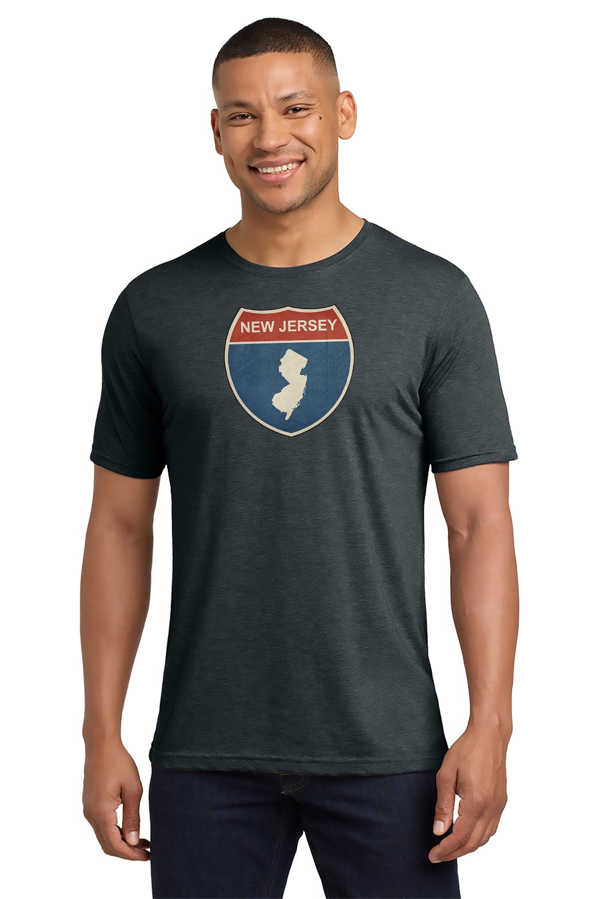 Man wearing a dark gray t-shirt with a New Jersey graphic design on a white background - Paper Street Print Co, Blairstown, NJ
