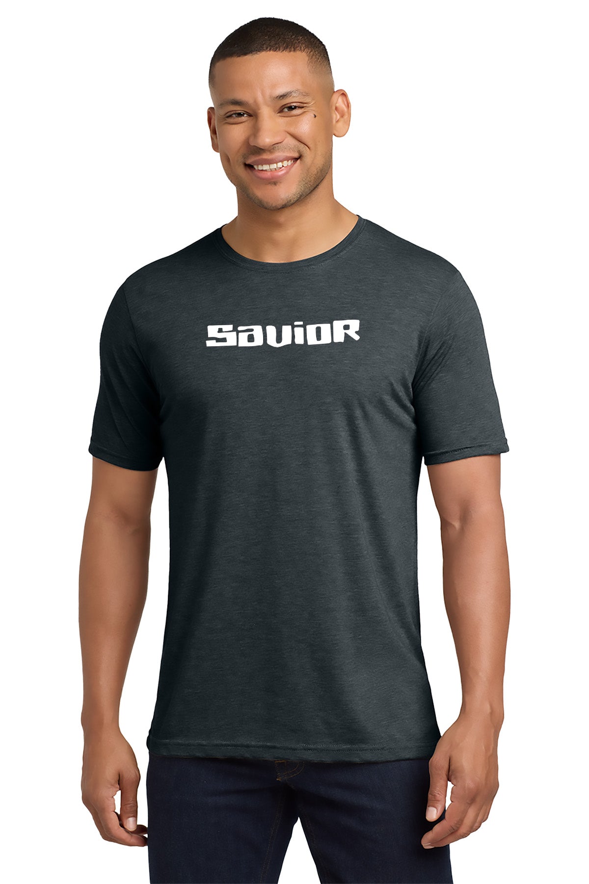 Man wearing a dark gray t-shirt with 'SAVIOR' printed on it against a white background - Paper Street Print Co, Blairstown, NJ
