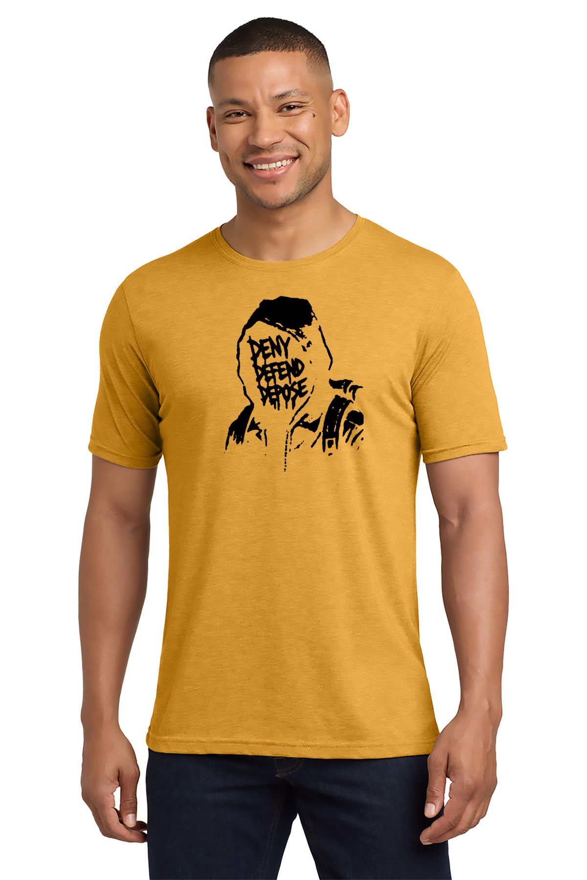 Man wearing a mustard yellow t-shirt with a graphic design on a white background - Paper Street Print Co, Blairstown, NJ.