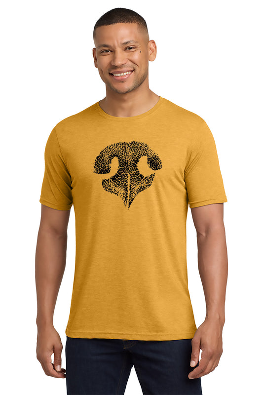 Man wearing a mustard yellow t-shirt with a black graphic design on a white background - Paper Street Print Co, Blairstown, NJ