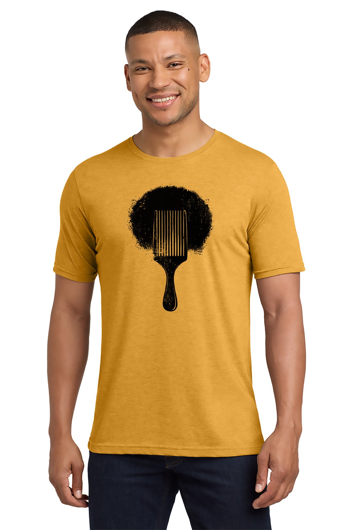 Man wearing a mustard yellow t-shirt with a black graphic design on a white background - Paper Street Print Co, Blairstown, NJ