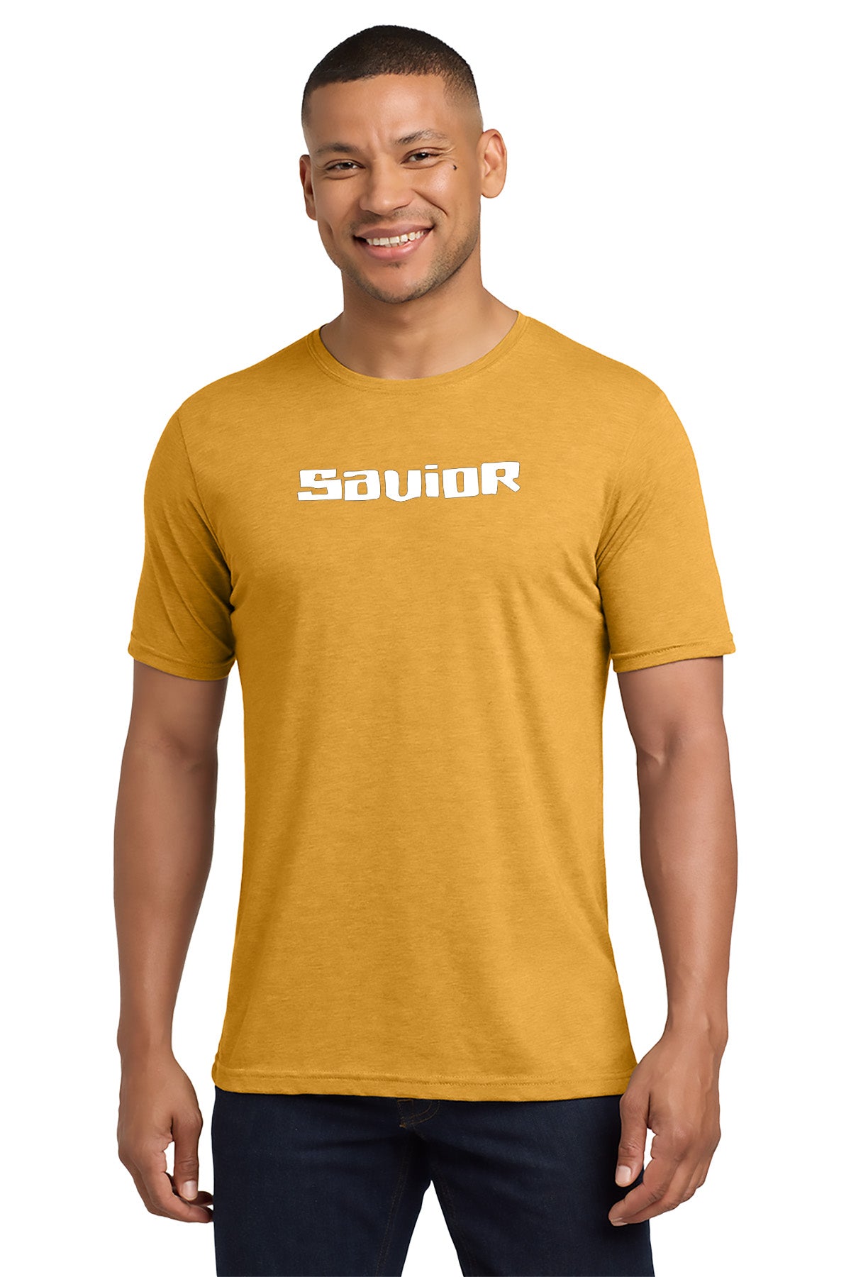 Man wearing a mustard yellow t-shirt with 'SAVOIR' logo on a white background - Paper Street Print Co, Blairstown, NJ