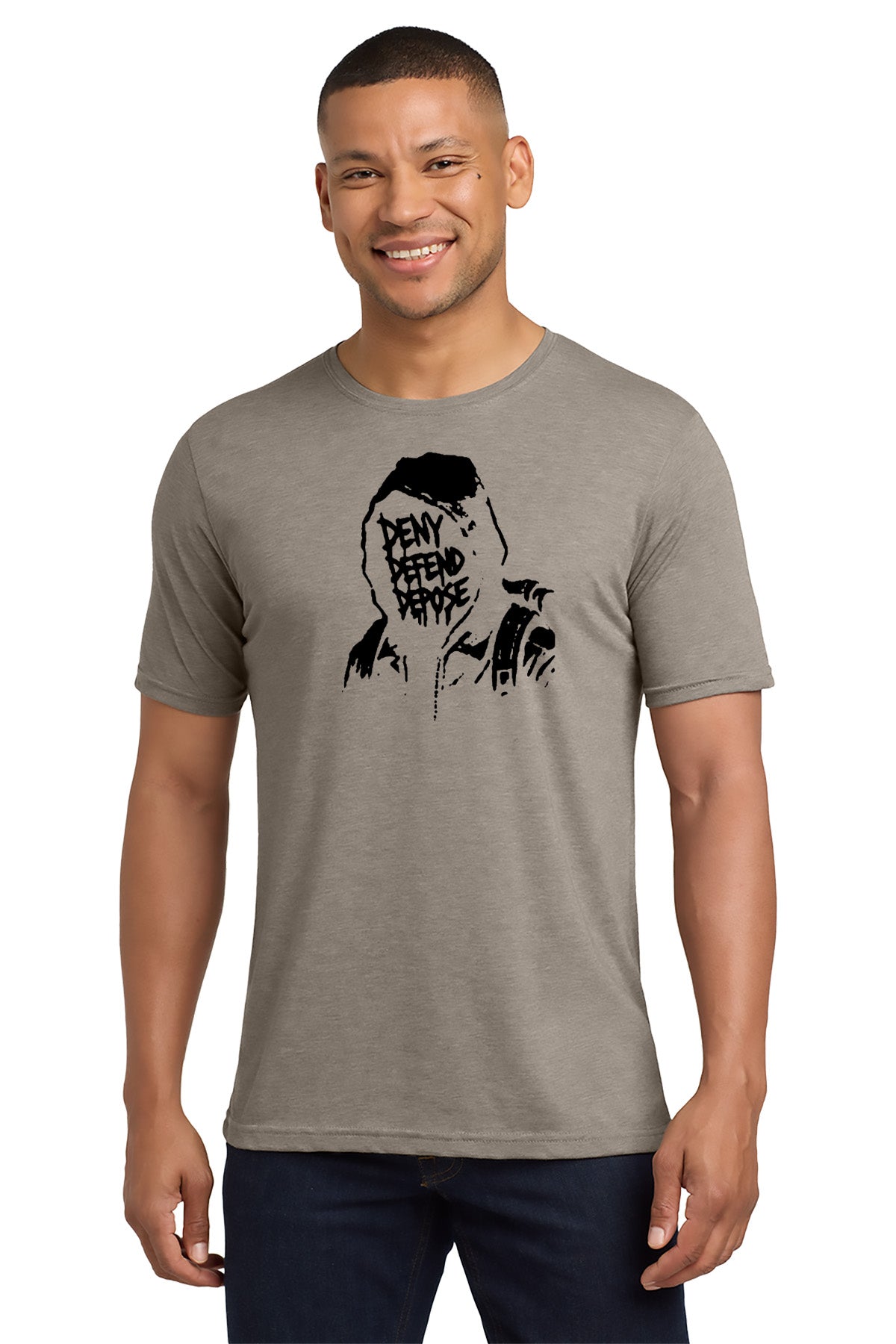 Man wearing a gray t-shirt with a graphic design on a white background - Paper Street Print Co, Blairstown, NJ.