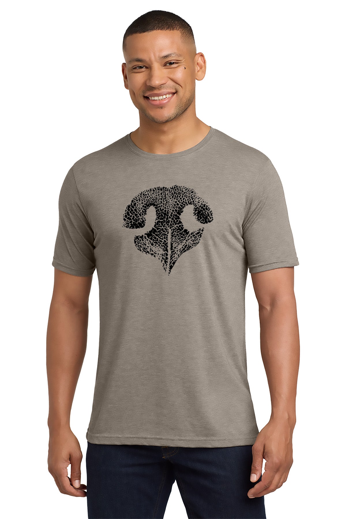 Man wearing a gray t-shirt with a black graphic design on a white background - Paper Street Print Co, Blairstown, NJ