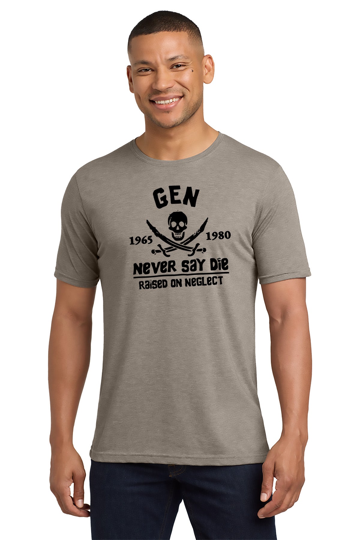 Man wearing a gray t-shirt with a graphic design and text on a white background - Paper Street Print Co, Blairstown, NJ.