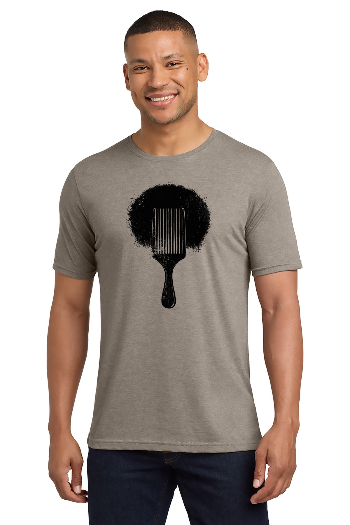 Man wearing a gray t-shirt with a black graphic design on a white background - Paper Street Print Co, Blairstown, NJ