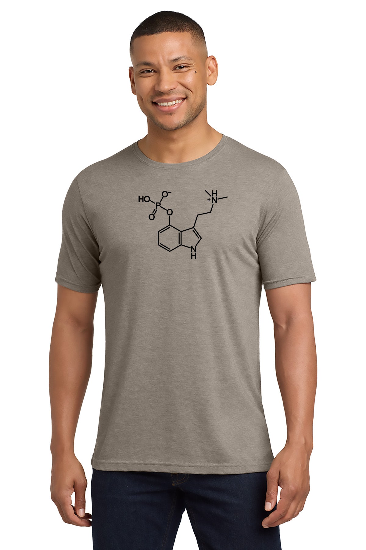 Man wearing a gray t-shirt with a molecular structure design on a white background - Paper Street Print Co, Blairstown, NJ.