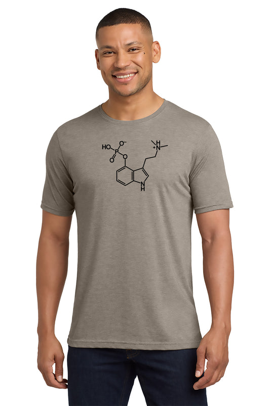 Man wearing a gray t-shirt with a molecular structure design on a white background - Paper Street Print Co, Blairstown, NJ.
