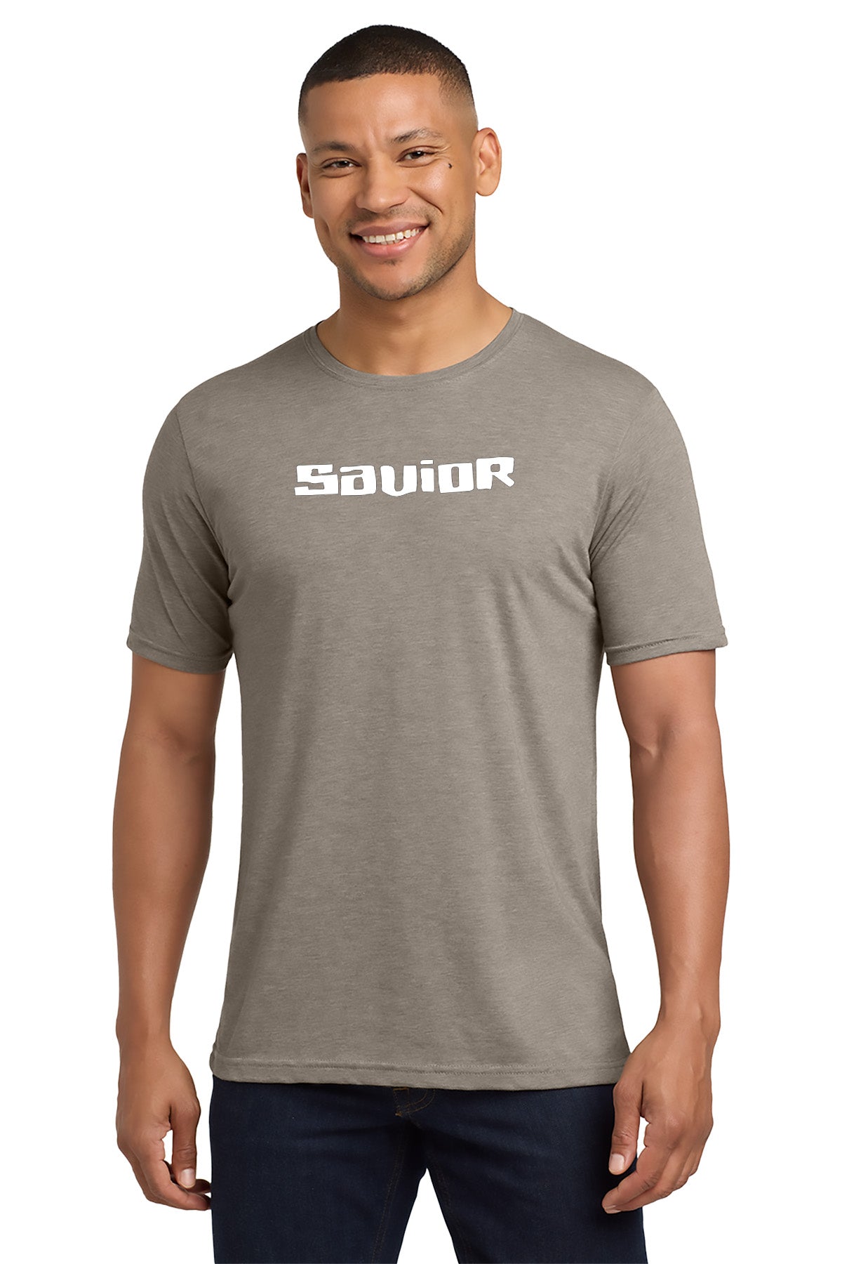 Man wearing a gray t-shirt with 'SAVOIR' printed on it against a white background - Paper Street Print Co, Blairstown, NJ