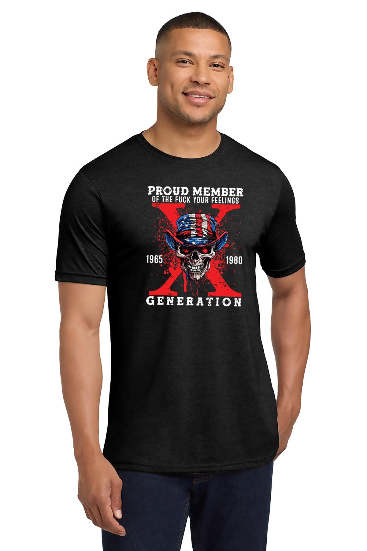 Man wearing a black t-shirt with a graphic design and text on a white background - Paper Street Print Co, Blairstown, NJ.