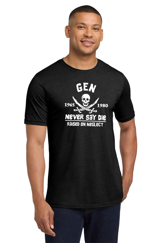 Man wearing a black t-shirt with white text and graphics on a white background - Paper Street Print Co, Blairstown, NJ.