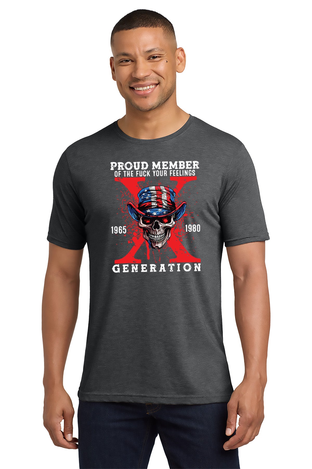 Man wearing a dark gray t-shirt with graphic design and text on a white background - Paper Street Print Co, Blairstown, NJ.