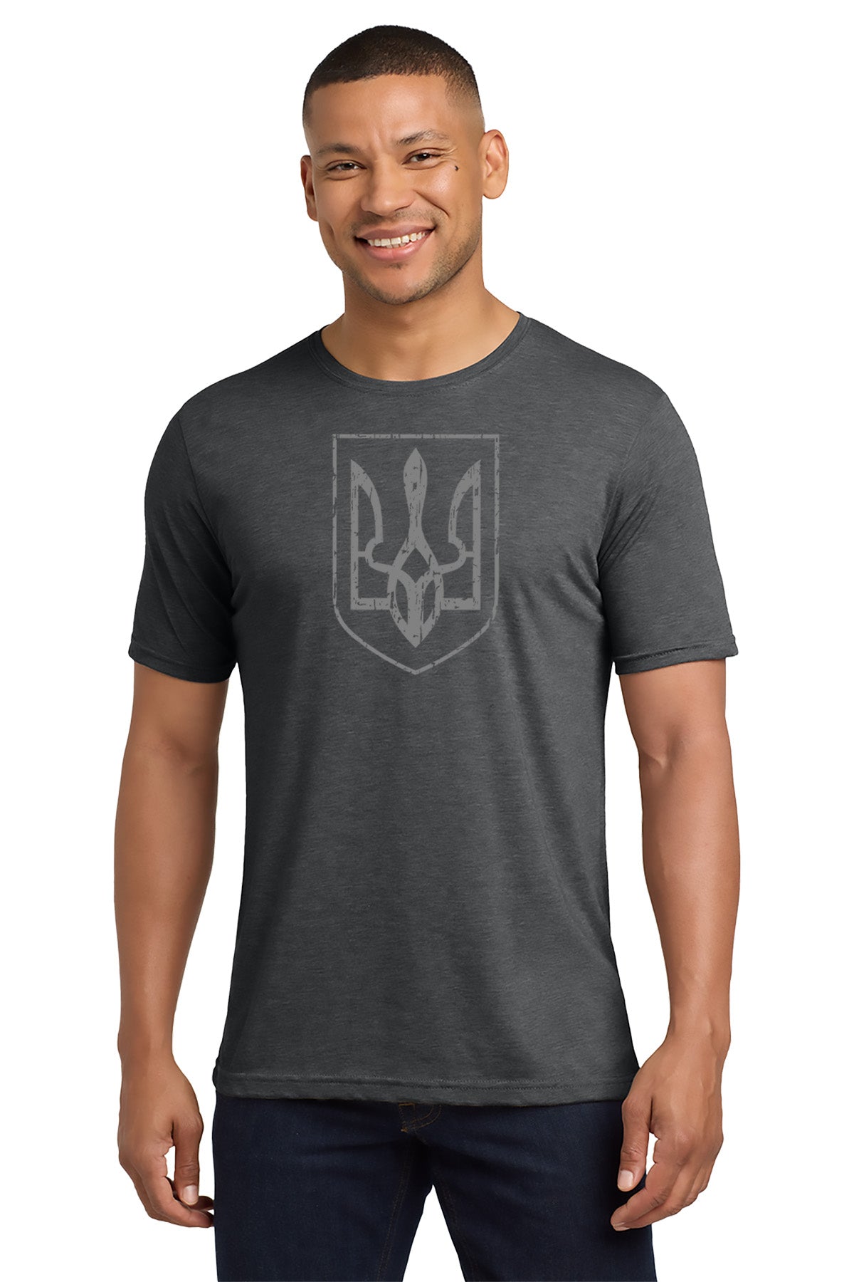 Man wearing a dark gray t-shirt with a logo on a white background- Paper Street Print Co, Blairstown, NJ