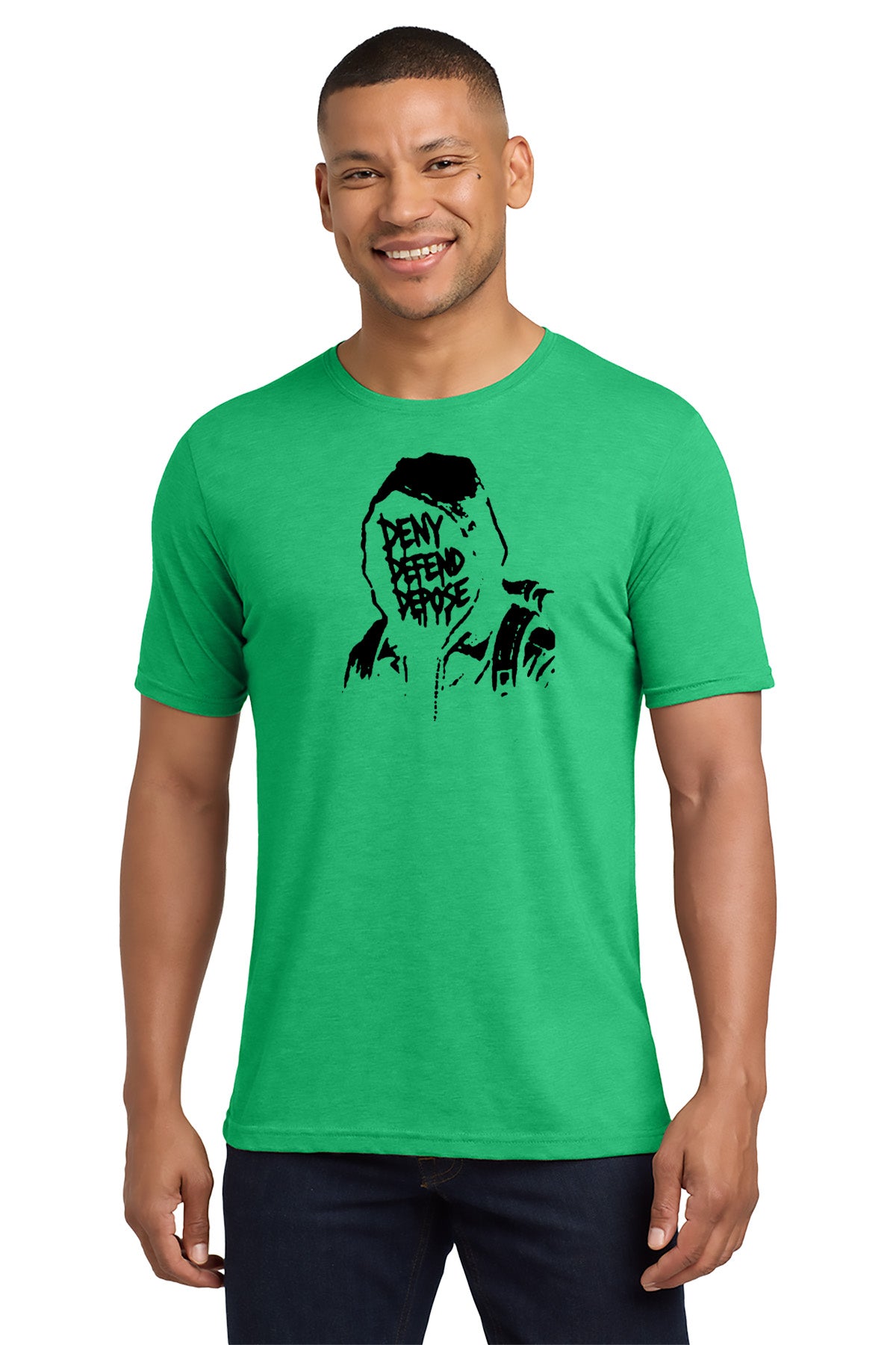 Man wearing a green t-shirt with a graphic design on a white background - Paper Street Print Co, Blairstown, NJ.